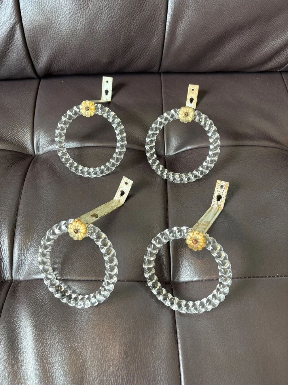 Set of 4 Vintage Clear Glass Ring Curtain Tiebacks with Floral Accent